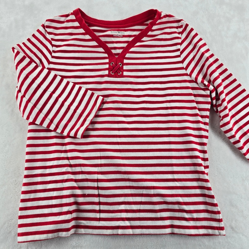 Studio Works Top Womens PL Petite Shirt Striped Lace Up V-Neck 3/4 Sleeve‎